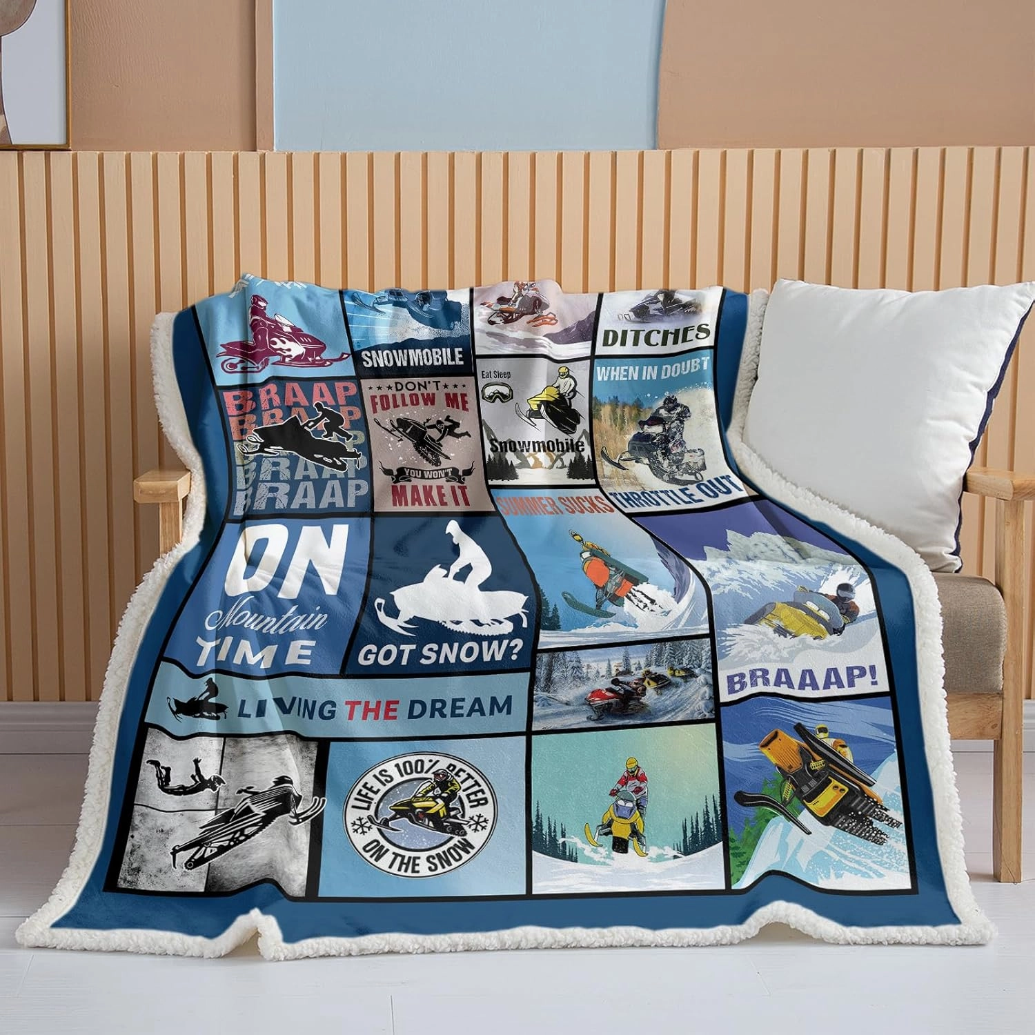 BEDMUST Snow Mobiling Throw Blankets Soft Braap Sport Snow Mobile Blanket for Women Men Adults Warm Lightweight Winter Sports Sherpa Fleece Blanket for Bed Sofa Couch (60x80 inches)