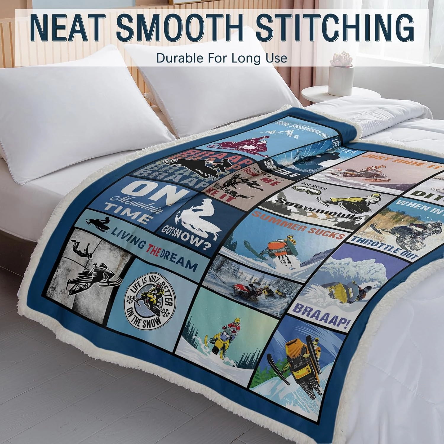 BEDMUST Snow Mobiling Throw Blankets Soft Braap Sport Snow Mobile Blanket for Women Men Adults Warm Lightweight Winter Sports Sherpa Fleece Blanket for Bed Sofa Couch (60x80 inches)