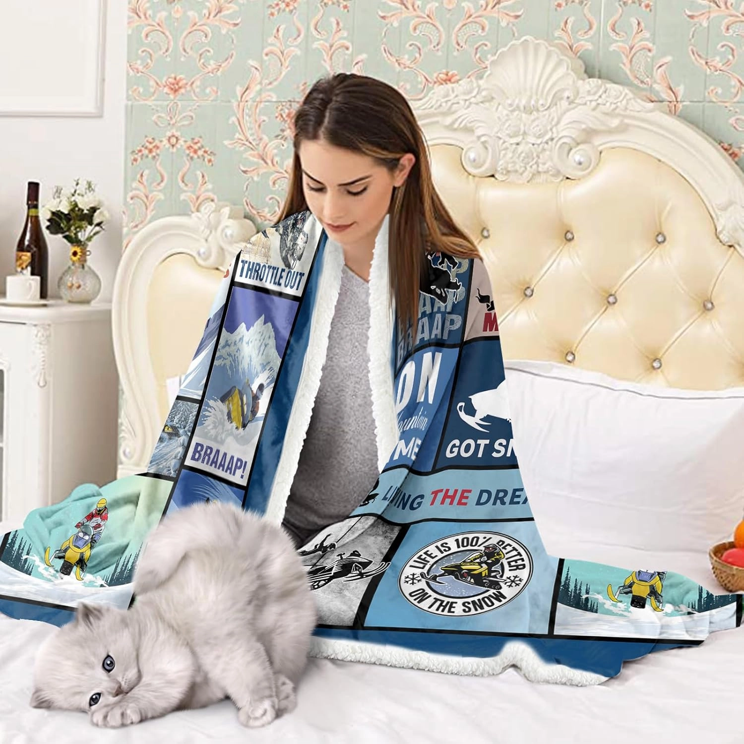 BEDMUST Snow Mobiling Throw Blankets Soft Braap Sport Snow Mobile Blanket for Women Men Adults Warm Lightweight Winter Sports Sherpa Fleece Blanket for Bed Sofa Couch (60x80 inches)