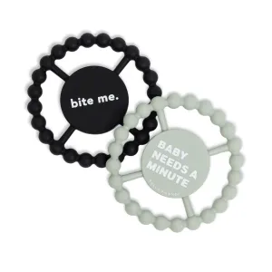 Bella Tunno Happy Teether 2pk – Soft & Easy Grip Baby Teether Toy, Silicone Teether Ring to Help Soothe Gums, Non-Toxic and BPA Free, Baby Needs a Minute/Bite Me