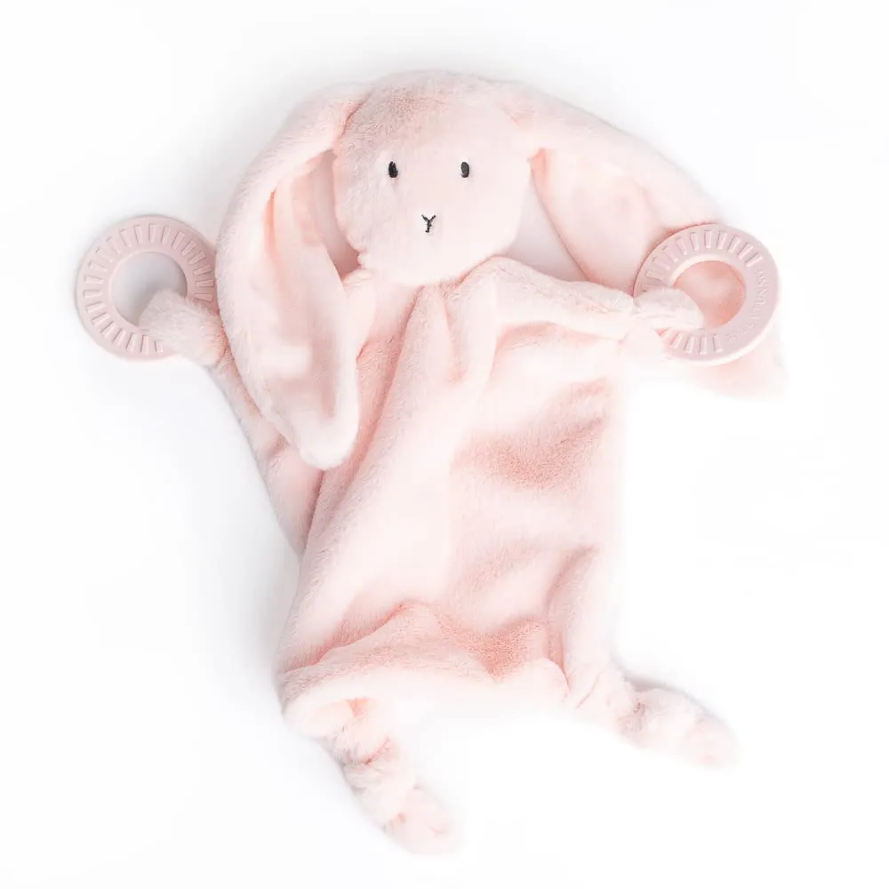 Bella Tunno Teether Buddy – Soft, Plush Baby Lovey with Textured Baby Teether Toy and Gentle Rattling Head, Comforts and Brings Teething Relief, Colorful Animal-Themed Baby Teething Toys (Bunny)