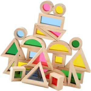 BESPORTBLE 24Pcs Kaleidoscopic Wooden Building Blocks Cognitive for Shapes Colors Recognition Educational Game for Home Preschool