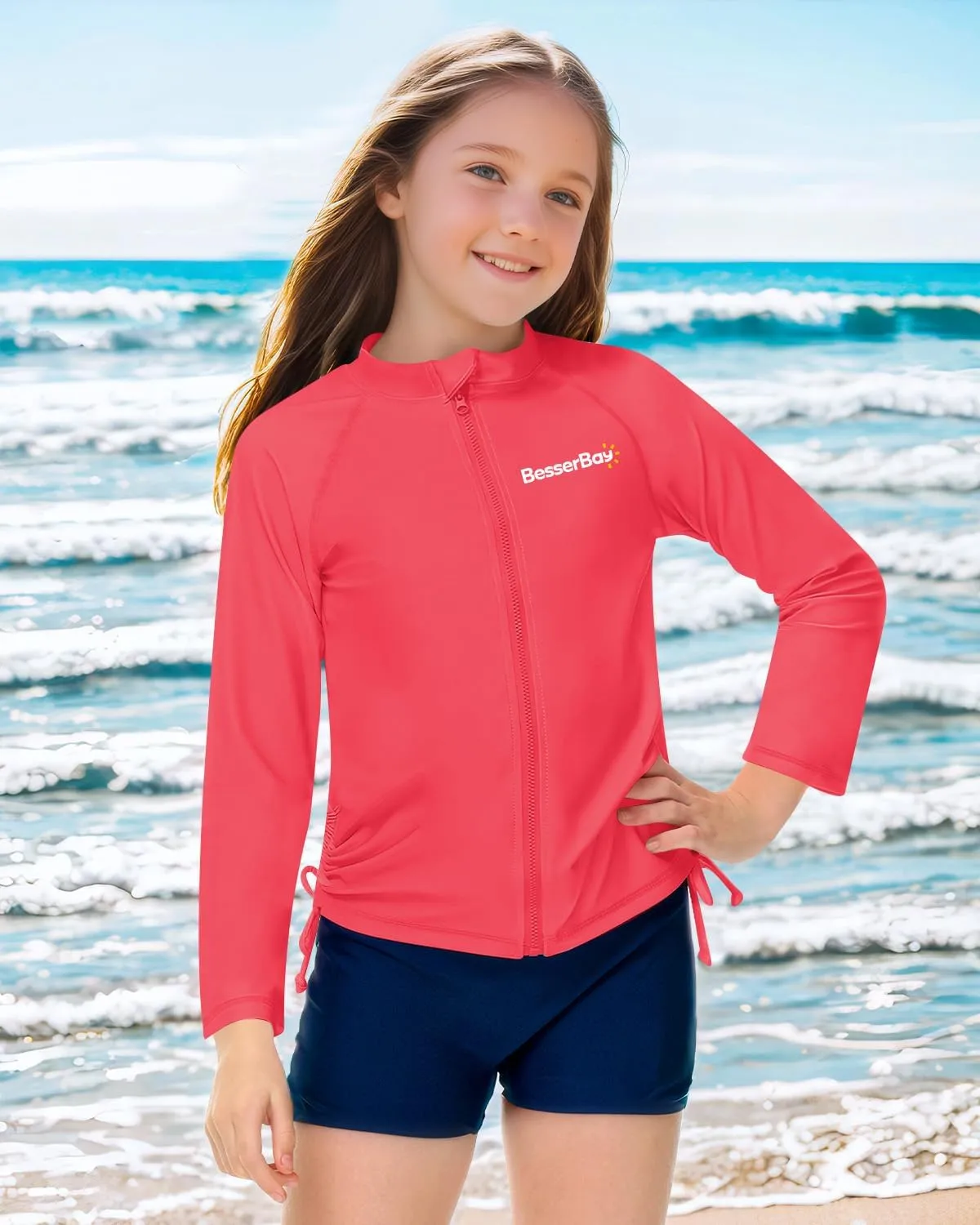 BesserBay Girls UPF 50  Zip Up Long Sleeve Ruched Side Adjustable Drawstring Thumb Holes Swim Shirt 4-14 Years