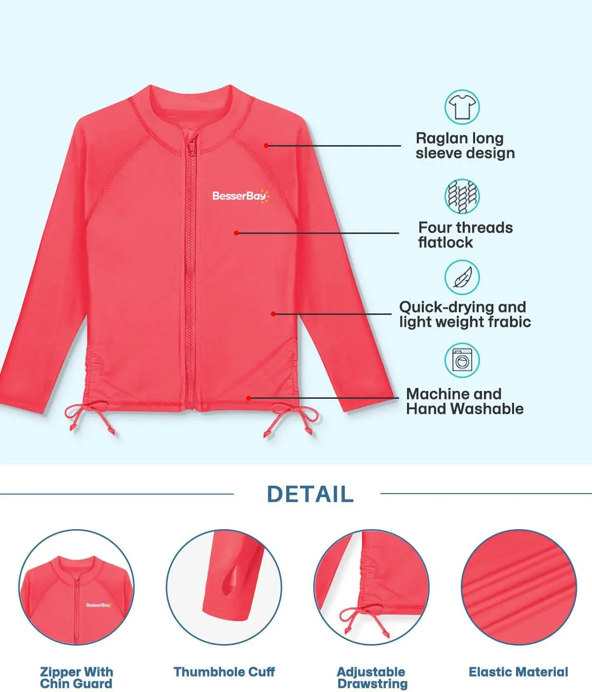 BesserBay Girls UPF 50  Zip Up Long Sleeve Ruched Side Adjustable Drawstring Thumb Holes Swim Shirt 4-14 Years
