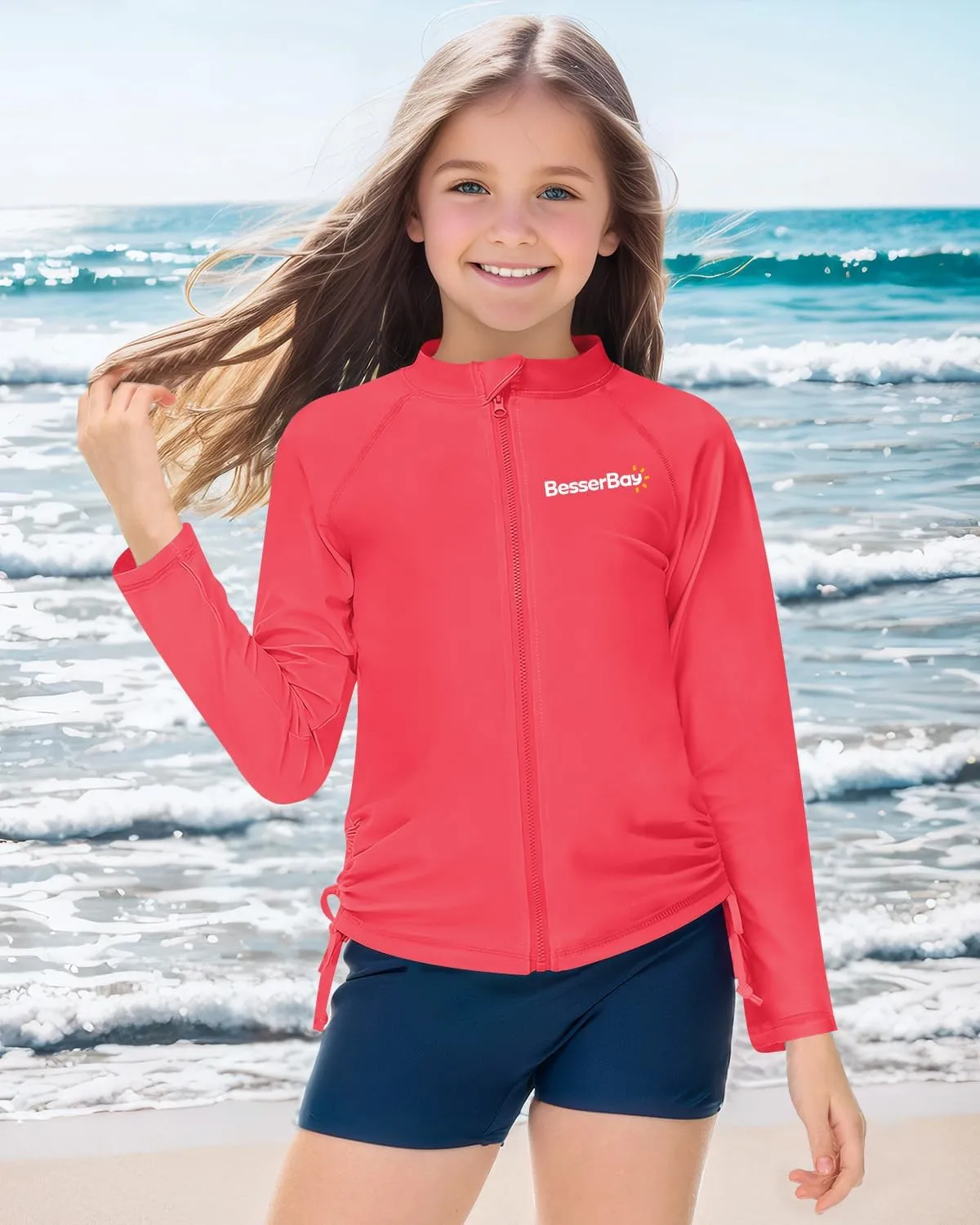 BesserBay Girls UPF 50  Zip Up Long Sleeve Ruched Side Adjustable Drawstring Thumb Holes Swim Shirt 4-14 Years