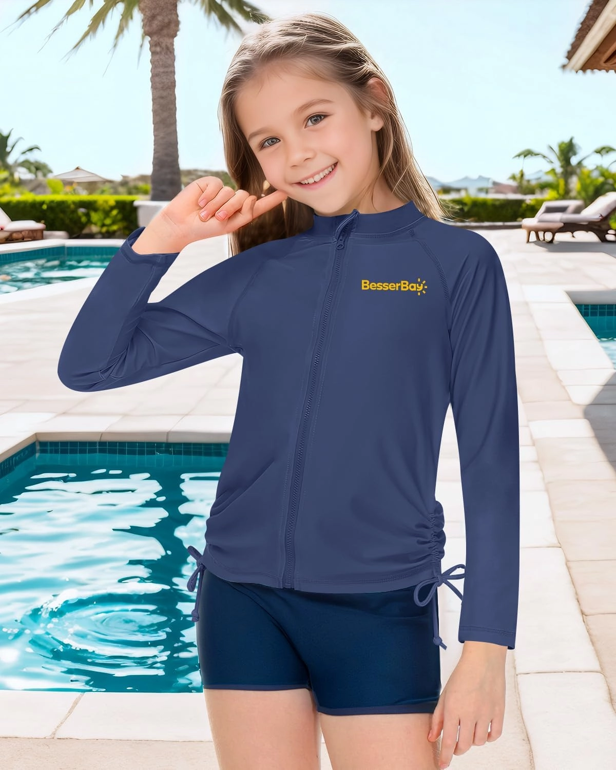 BesserBay Girls UPF 50  Zip Up Long Sleeve Ruched Side Adjustable Drawstring Thumb Holes Swim Shirt 4-14 Years