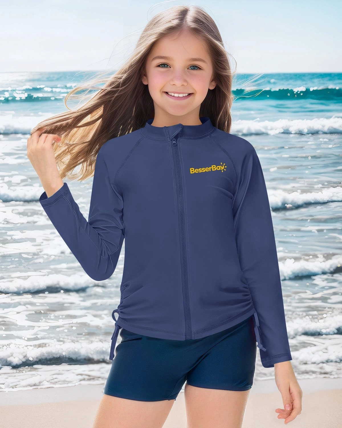 BesserBay Girls UPF 50  Zip Up Long Sleeve Ruched Side Adjustable Drawstring Thumb Holes Swim Shirt 4-14 Years