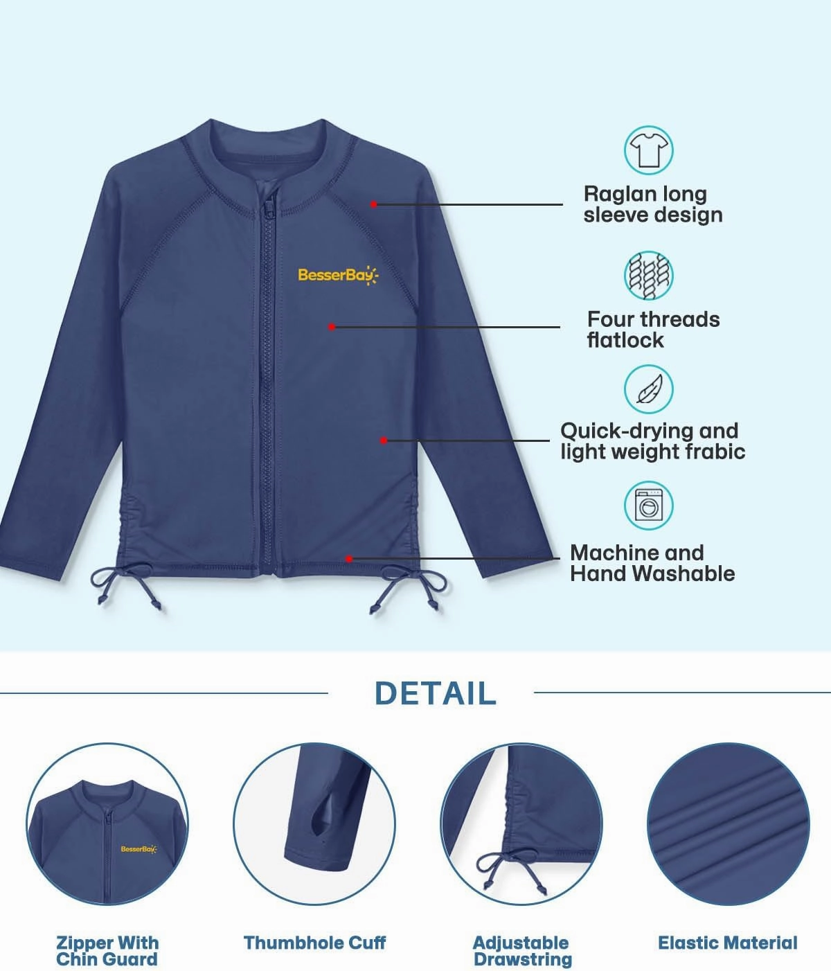 BesserBay Girls UPF 50  Zip Up Long Sleeve Ruched Side Adjustable Drawstring Thumb Holes Swim Shirt 4-14 Years