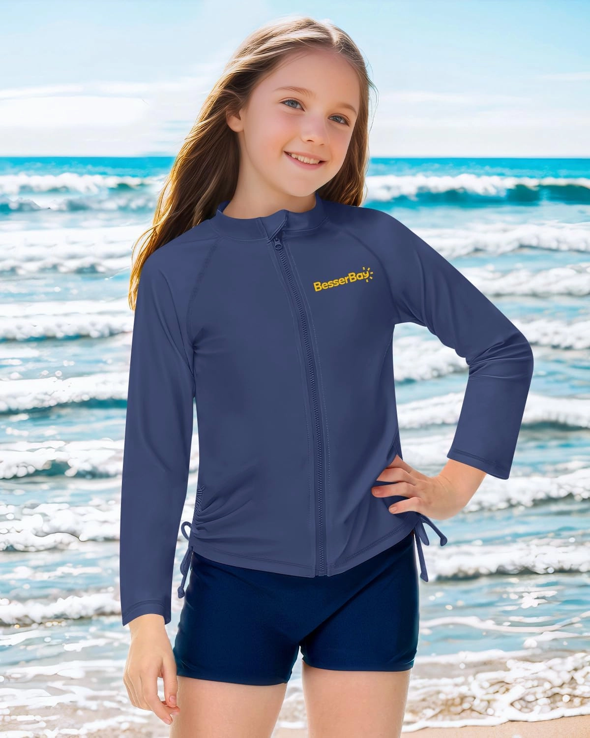 BesserBay Girls UPF 50  Zip Up Long Sleeve Ruched Side Adjustable Drawstring Thumb Holes Swim Shirt 4-14 Years