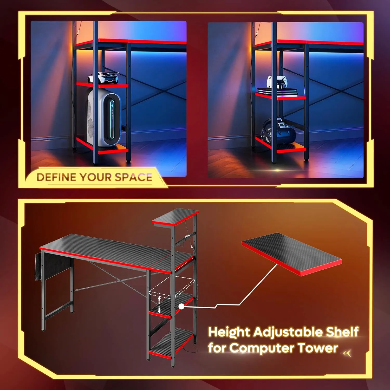 Bestier Gaming Desk with LED Lights, 51.3 Inch Computer Desk with 4 Tiers Reversible Shelves, Gamer Desk with Side Storage Bag, Hooks and Height Adjustable Shelf (Black Carbon Fiber)
