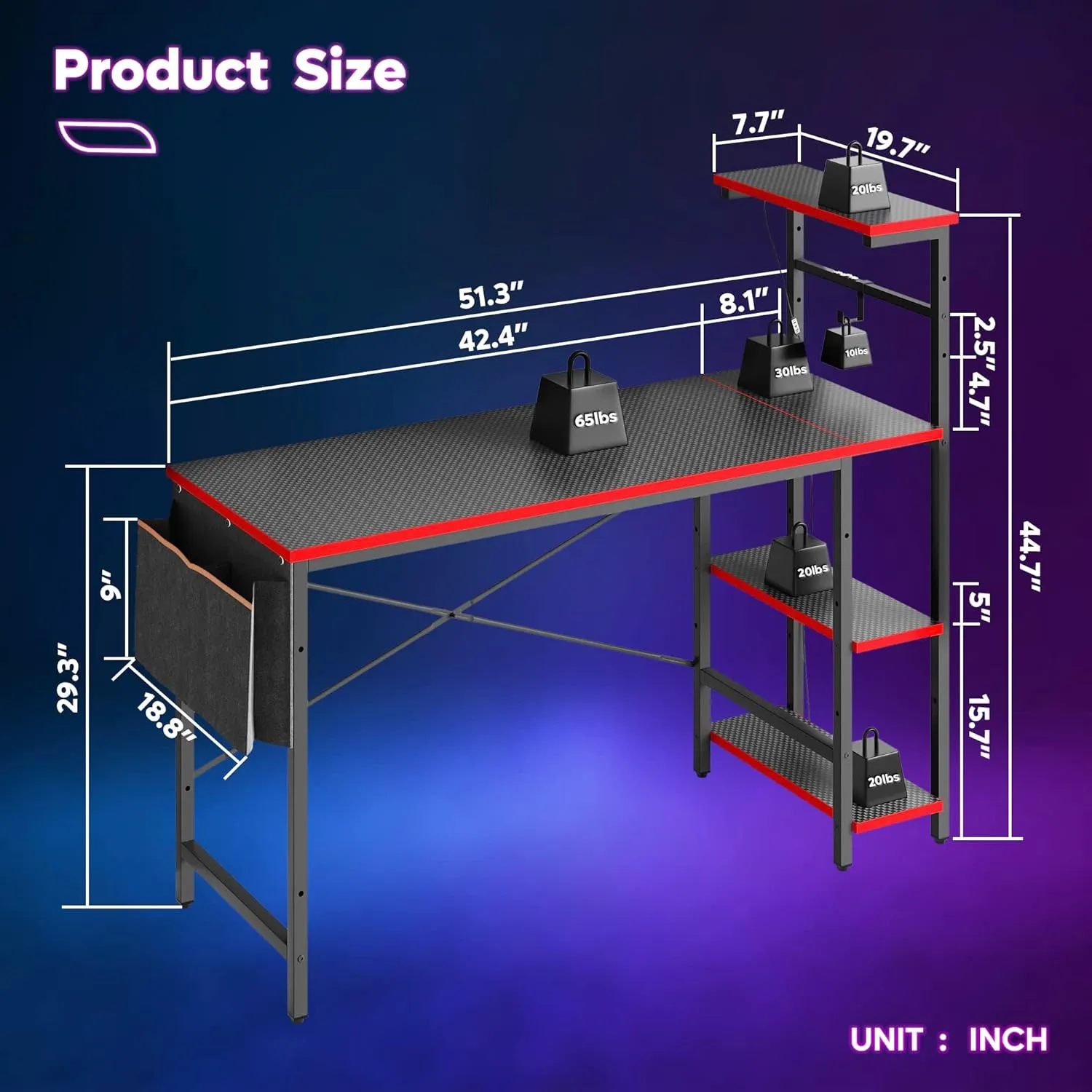 Bestier Gaming Desk with LED Lights, 51.3 Inch Computer Desk with 4 Tiers Reversible Shelves, Gamer Desk with Side Storage Bag, Hooks and Height Adjustable Shelf (Black Carbon Fiber)