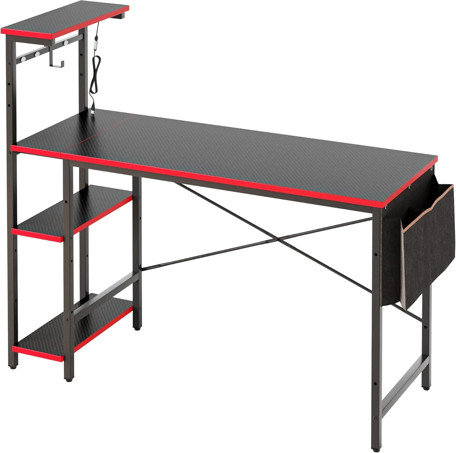 Bestier Gaming Desk with LED Lights, 51.3 Inch Computer Desk with 4 Tiers Reversible Shelves, Gamer Desk with Side Storage Bag, Hooks and Height Adjustable Shelf (Black Carbon Fiber)