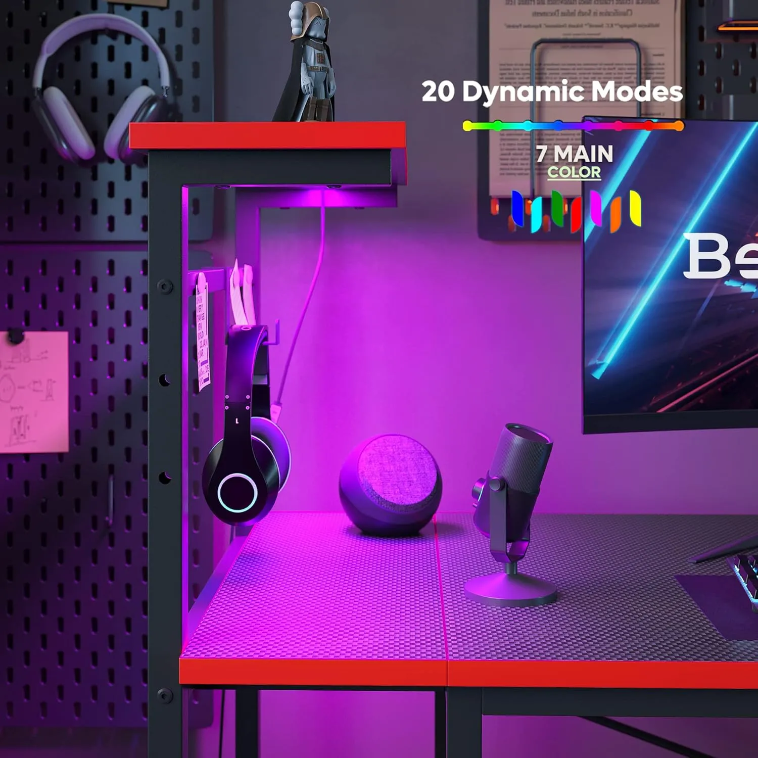 Bestier Gaming Desk with LED Lights, 51.3 Inch Computer Desk with 4 Tiers Reversible Shelves, Gamer Desk with Side Storage Bag, Hooks and Height Adjustable Shelf (Black Carbon Fiber)