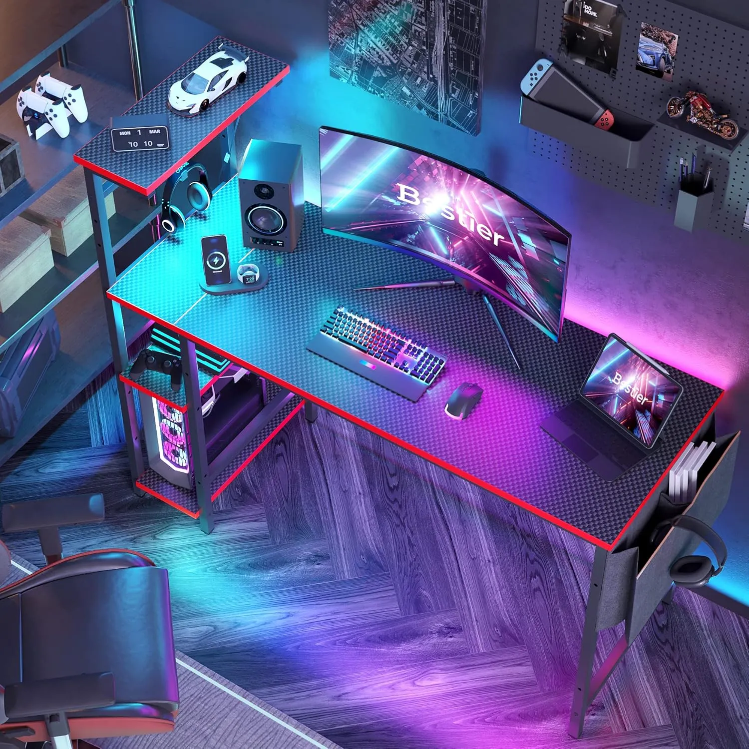 Bestier Gaming Desk with LED Lights, 51.3 Inch Computer Desk with 4 Tiers Reversible Shelves, Gamer Desk with Side Storage Bag, Hooks and Height Adjustable Shelf (Black Carbon Fiber)