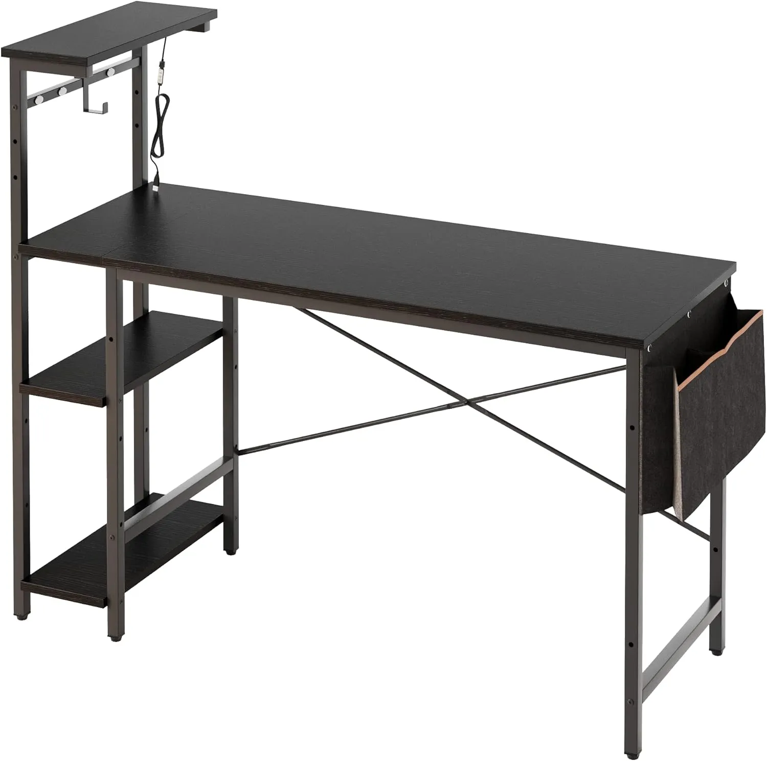 Bestier Gaming Desk with LED Lights, 51.3 Inch Computer Desk with 4 Tiers Reversible Shelves, Home Office Writing Desk with Side Storage Bag, Hooks and Height Adjustable Shelf (Black Grained)