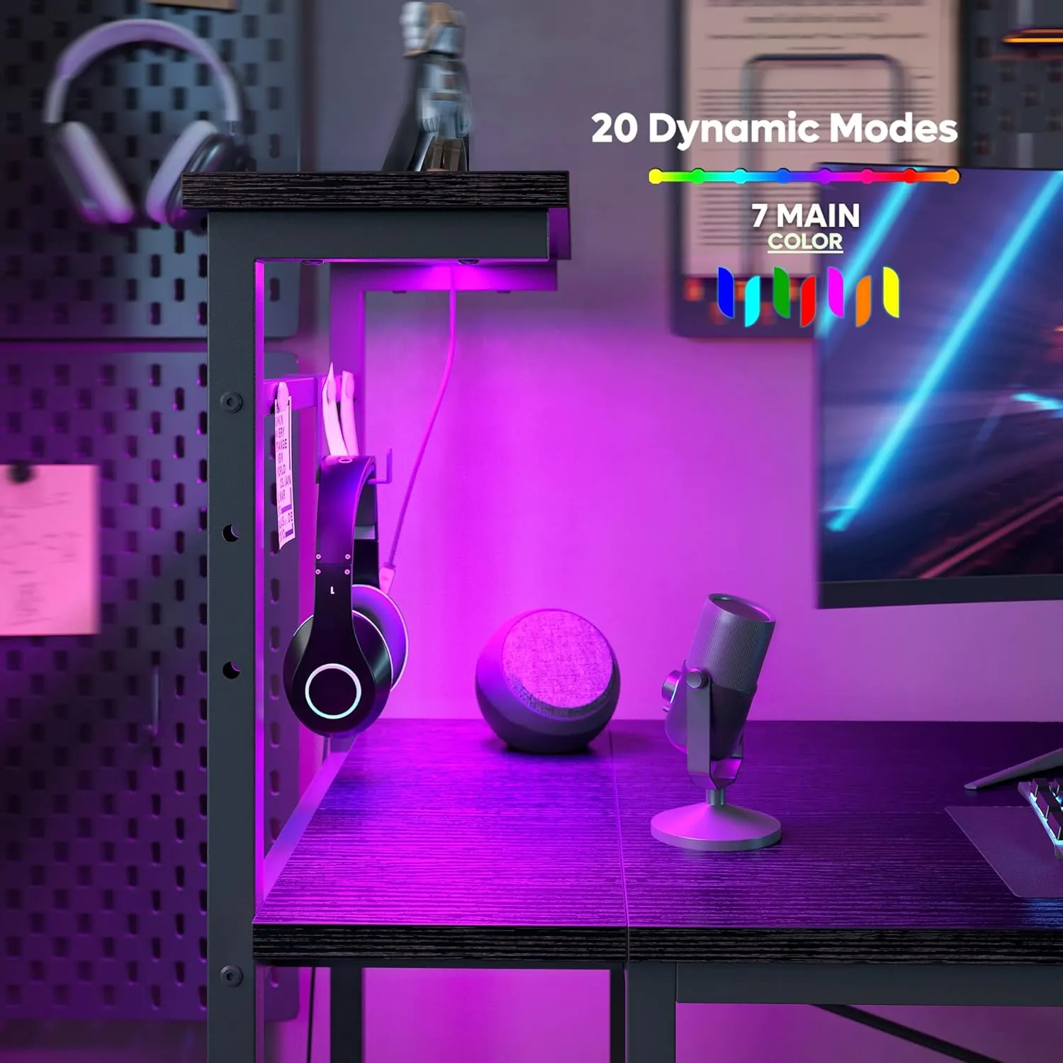 Bestier Gaming Desk with LED Lights, 51.3 Inch Computer Desk with 4 Tiers Reversible Shelves, Home Office Writing Desk with Side Storage Bag, Hooks and Height Adjustable Shelf (Black Grained)