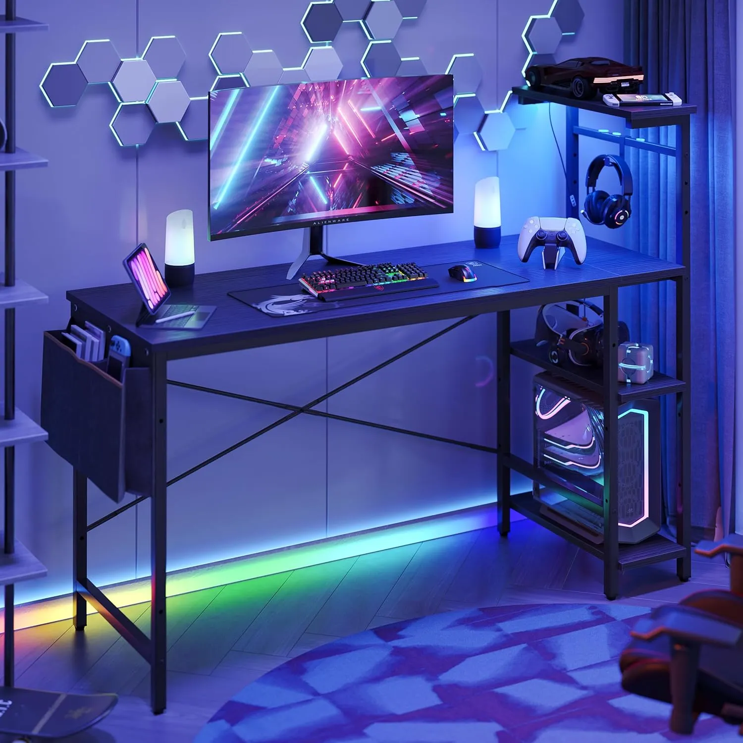 Bestier Gaming Desk with LED Lights, 51.3 Inch Computer Desk with 4 Tiers Reversible Shelves, Home Office Writing Desk with Side Storage Bag, Hooks and Height Adjustable Shelf (Black Grained)