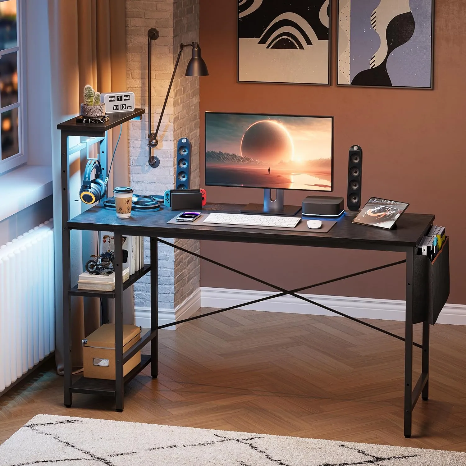 Bestier Gaming Desk with LED Lights, 51.3 Inch Computer Desk with 4 Tiers Reversible Shelves, Home Office Writing Desk with Side Storage Bag, Hooks and Height Adjustable Shelf (Black Grained)