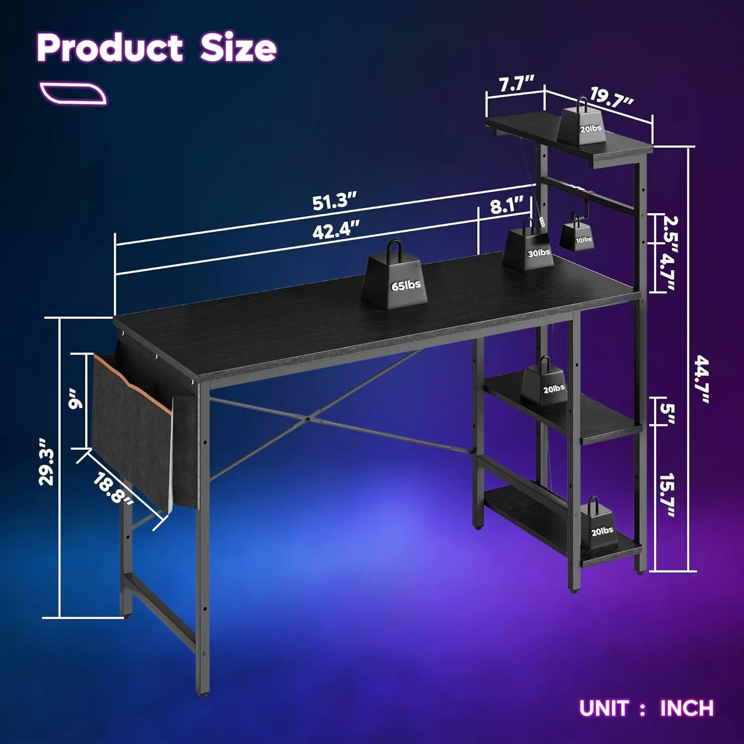 Bestier Gaming Desk with LED Lights, 51.3 Inch Computer Desk with 4 Tiers Reversible Shelves, Home Office Writing Desk with Side Storage Bag, Hooks and Height Adjustable Shelf (Black Grained)