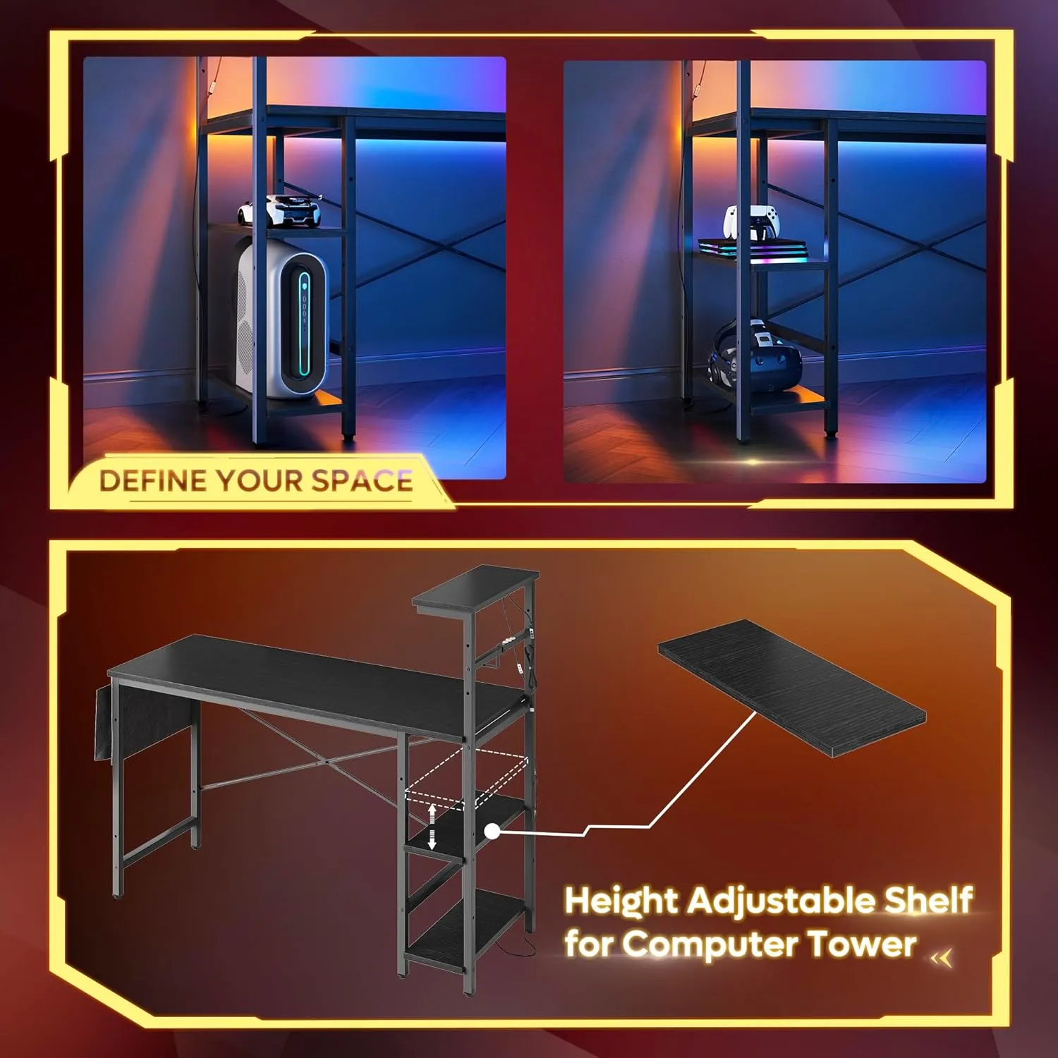 Bestier Gaming Desk with LED Lights, 51.3 Inch Computer Desk with 4 Tiers Reversible Shelves, Home Office Writing Desk with Side Storage Bag, Hooks and Height Adjustable Shelf (Black Grained)
