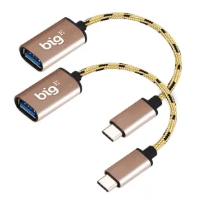 Big-E Turbo 5Gbps USB-C to USB 3.0 Adapter [2Pack] Compatible with Meizu M6s for Full USB OTG On-The-Go Thunderbolt 3/4 Short Connector USBC Male to USB Female (Gold)