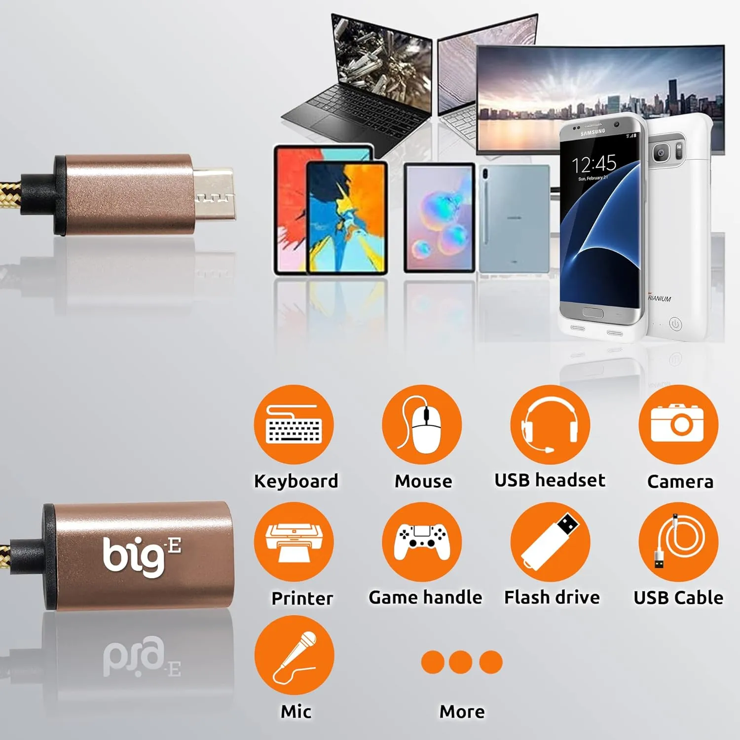 Big-E Turbo 5Gbps USB-C to USB 3.0 Adapter [2Pack] Compatible with Meizu M6s for Full USB OTG On-The-Go Thunderbolt 3/4 Short Connector USBC Male to USB Female (Gold)