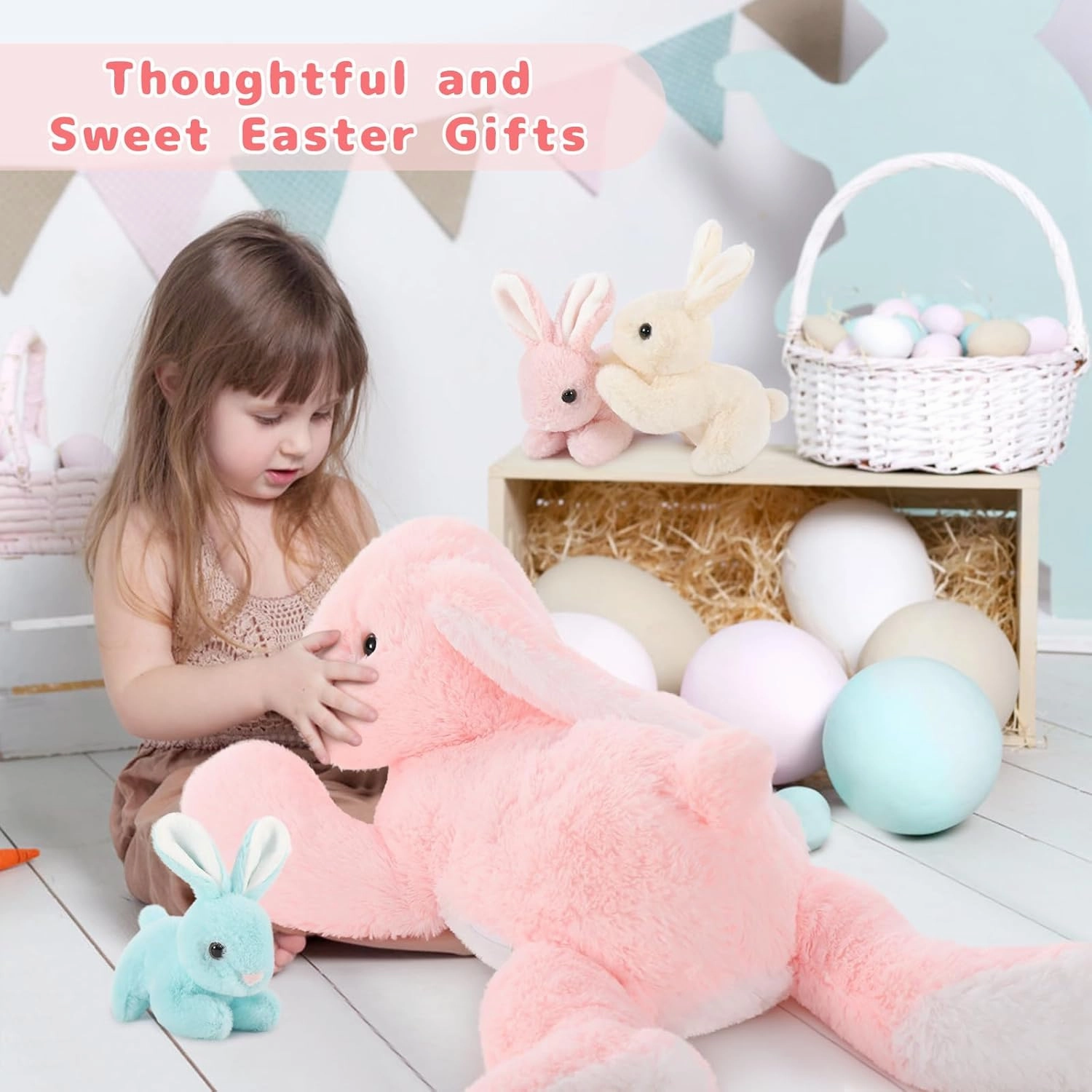 Big Pink Bunny Stuffed Animal 24"" - Large Easter Stuffed Bunny Rabbit Plush Toy Gifts for Girls Baby - Plushy Mommy Bunny Surprise with 3 Babies Inside