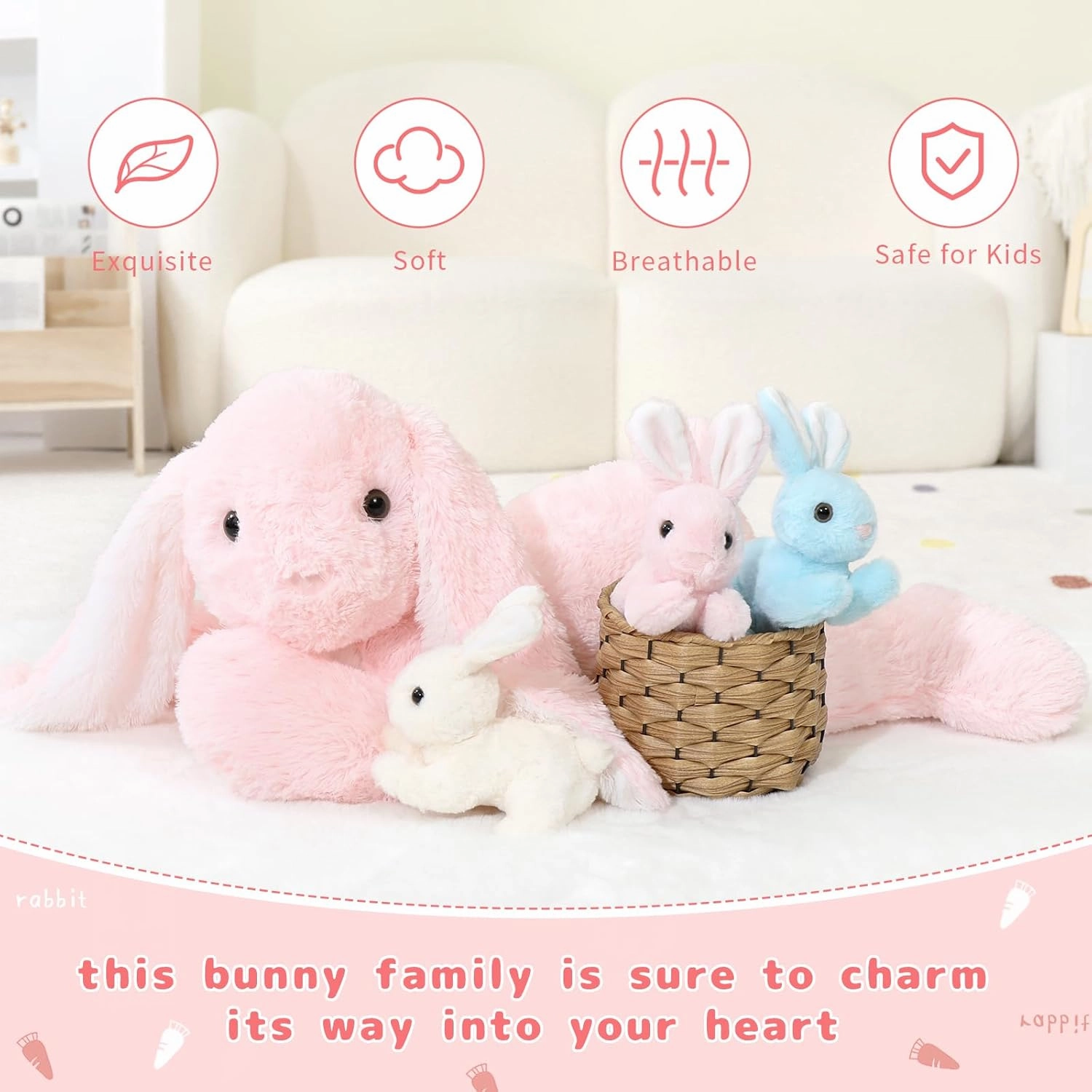 Big Pink Bunny Stuffed Animal 24"" - Large Easter Stuffed Bunny Rabbit Plush Toy Gifts for Girls Baby - Plushy Mommy Bunny Surprise with 3 Babies Inside