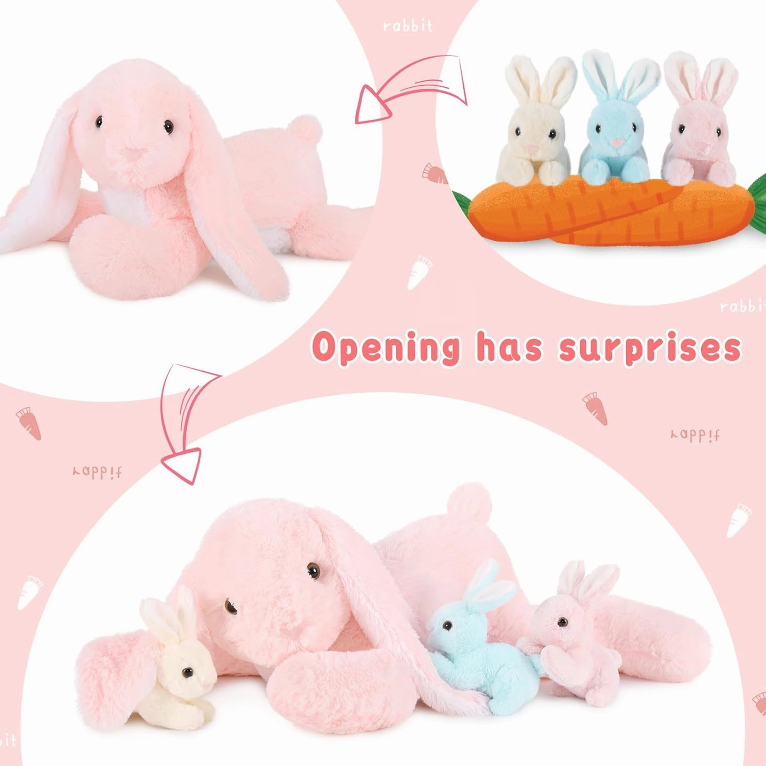 Big Pink Bunny Stuffed Animal 24"" - Large Easter Stuffed Bunny Rabbit Plush Toy Gifts for Girls Baby - Plushy Mommy Bunny Surprise with 3 Babies Inside
