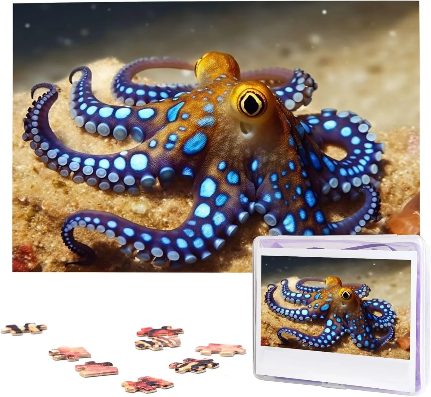 Blue Ring Octopus Puzzles 1000 Pieces with Storage Bag Personalized Jigsaw Puzzles for Men Women Picture Puzzle for Family Challenging Photos Puzzle for Home Decor (29.5"" x 19.7"")