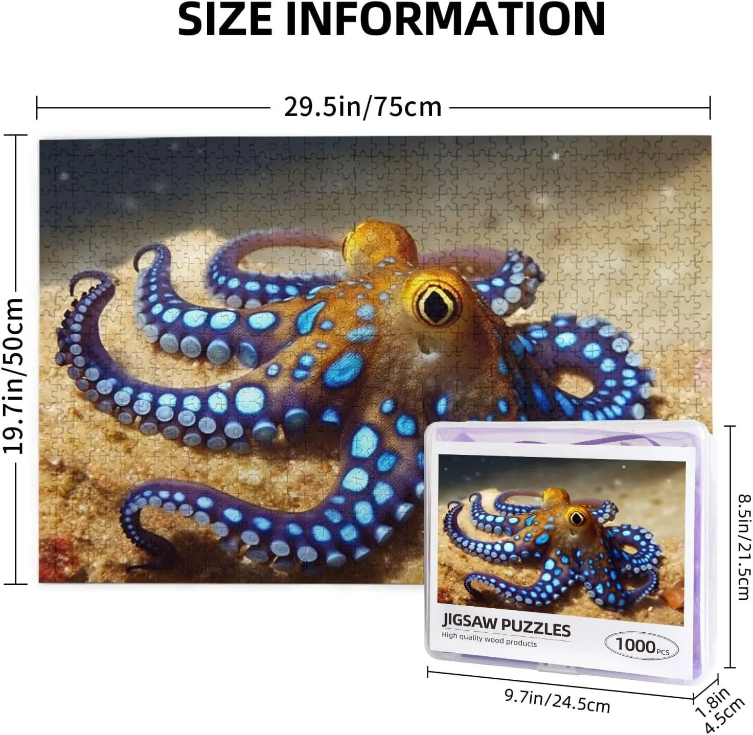 Blue Ring Octopus Puzzles 1000 Pieces with Storage Bag Personalized Jigsaw Puzzles for Men Women Picture Puzzle for Family Challenging Photos Puzzle for Home Decor (29.5"" x 19.7"")