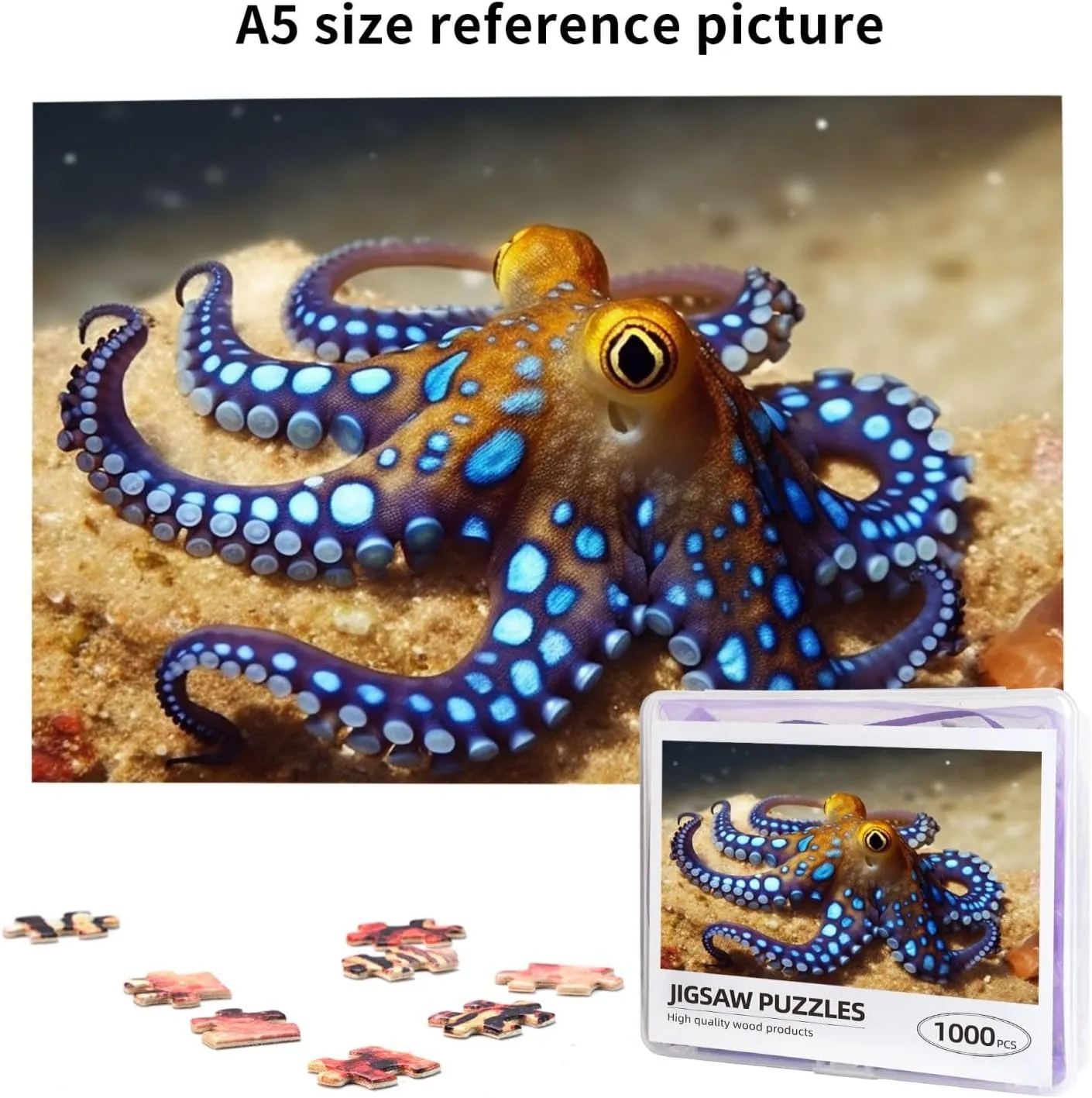 Blue Ring Octopus Puzzles 1000 Pieces with Storage Bag Personalized Jigsaw Puzzles for Men Women Picture Puzzle for Family Challenging Photos Puzzle for Home Decor (29.5"" x 19.7"")