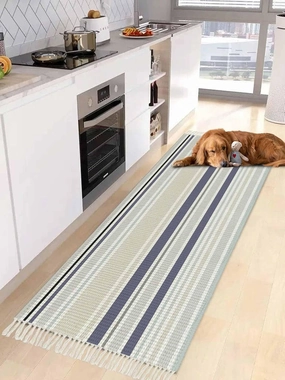 Blue Beige White Kitchen Hallway Runner Rug 2X5 Ft Carpet, Washable Woven Throw Carpet with Tassel, Modern Farmhouse Colorful Stripes Non-Shedding Entryway Laundry Rugs