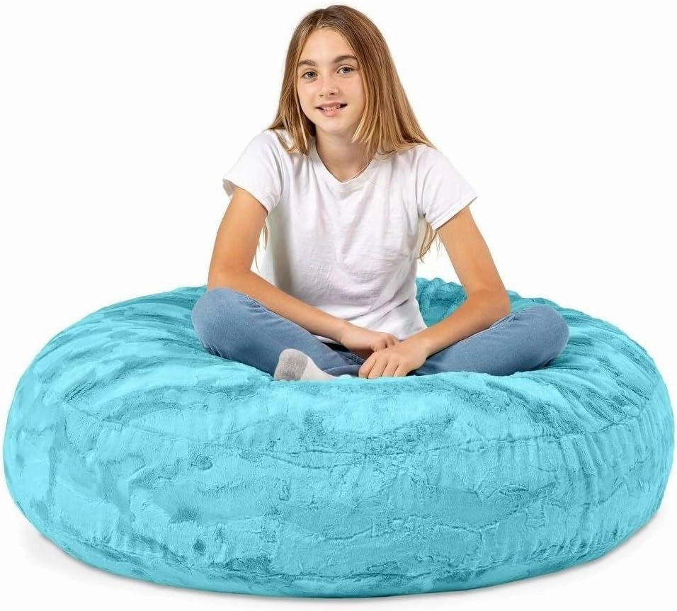 Blue Color 4 Foot Faux Fur Big Bean Bag Chair, Size: 48" L X 48" W X 16" H | Incredibly Soft Removable and Machine-Washable Cover with Childproof Zipper Lock
