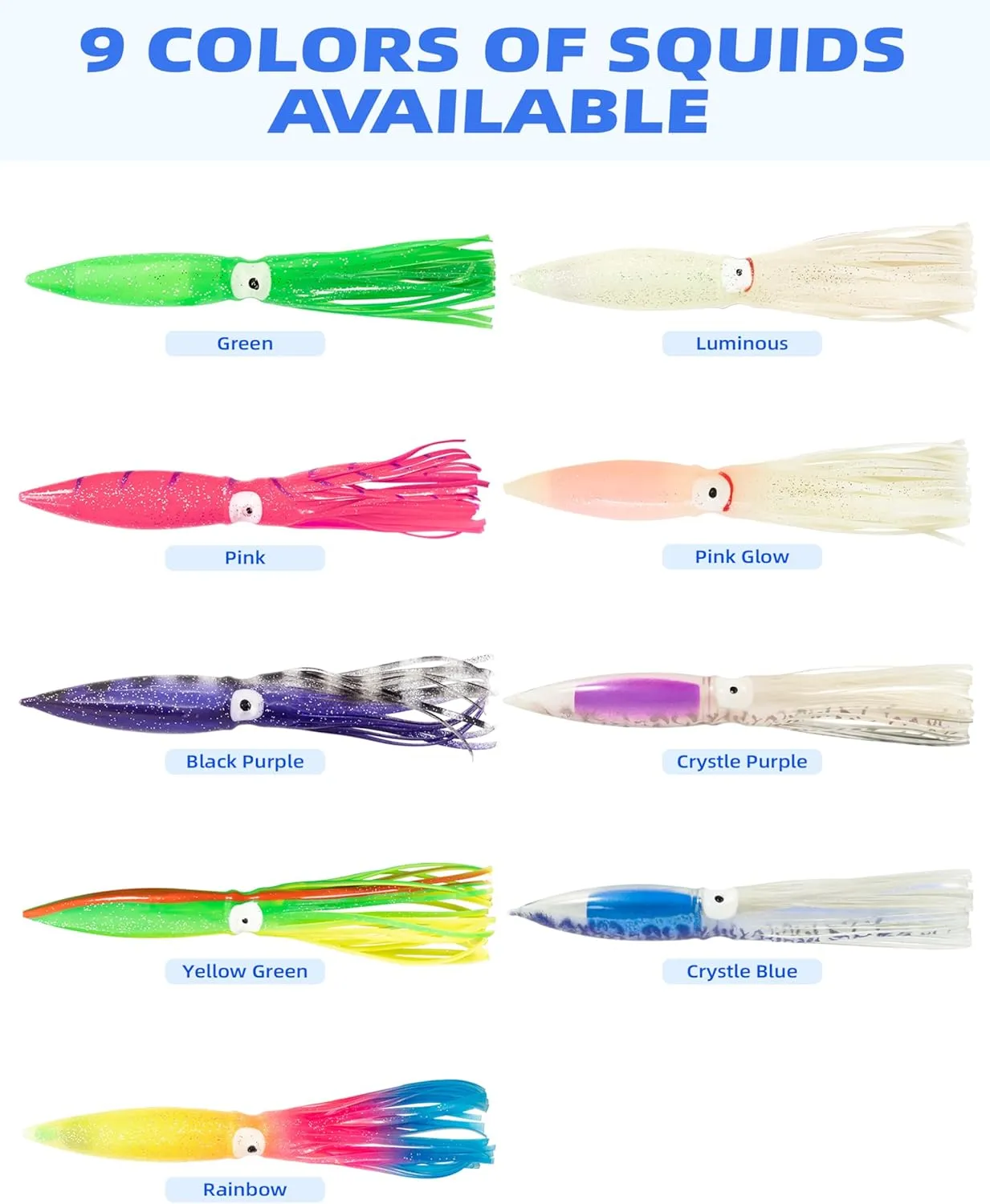 BLUEWING 18"/36" Fishing Spreader Bar Splasher/Port/Starboard Walker Offshore with 6in/9in Floating Squids, Trolling Birds and 316 Stainless Steel Rod for Wahoo Tuna Marlin Mahi, Includes Mesh Bag