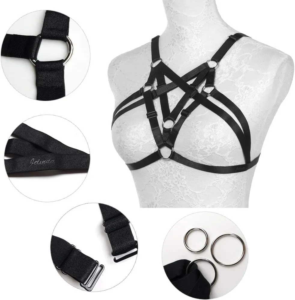 Body Harness Bra for Women Sexy Cupless Bra with Choker Pentagra Caged Bra Punk Gothic Style Strappy Lingerie