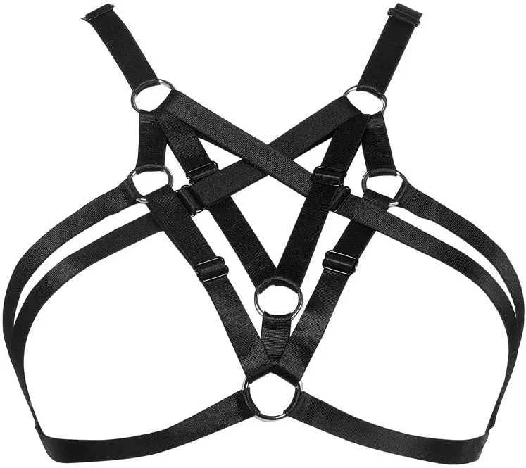 Body Harness Bra for Women Sexy Cupless Bra with Choker Pentagra Caged Bra Punk Gothic Style Strappy Lingerie