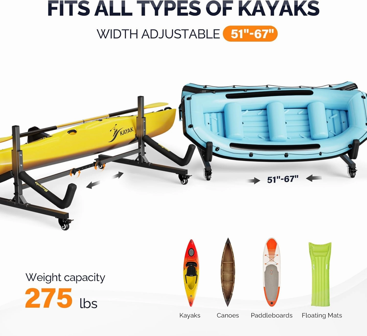 Bonnlo Kayak Stand Freestanding Storage Rack for Kayak Canoe Boat Paddle Board SUP Surfboard for Indoor Outdoor Garage, Shed, Dock with Lockable Wheels Wide Adjustable