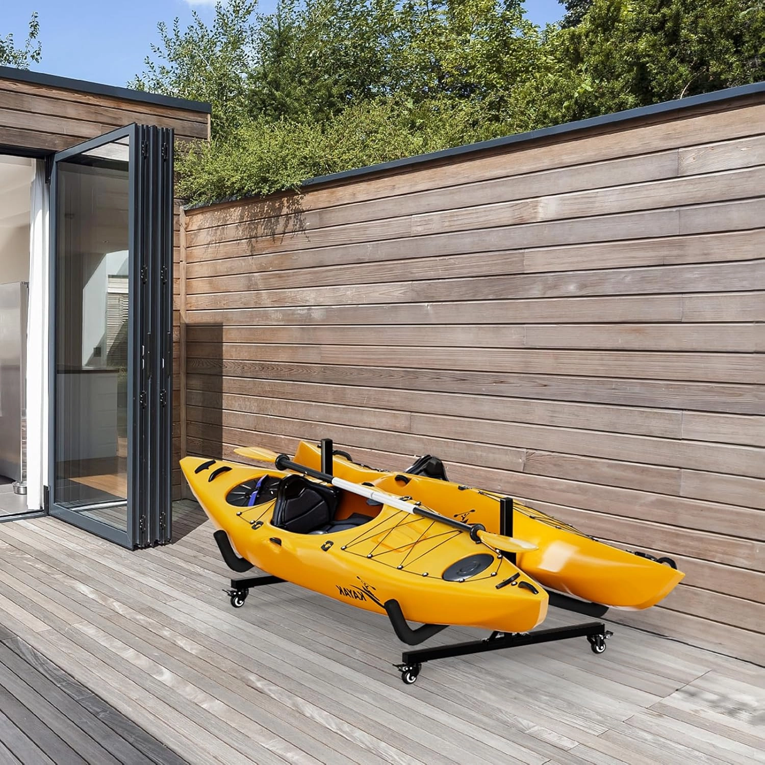 Bonnlo Kayak Stand Freestanding Storage Rack for Kayak Canoe Boat Paddle Board SUP Surfboard for Indoor Outdoor Garage, Shed, Dock with Lockable Wheels Wide Adjustable