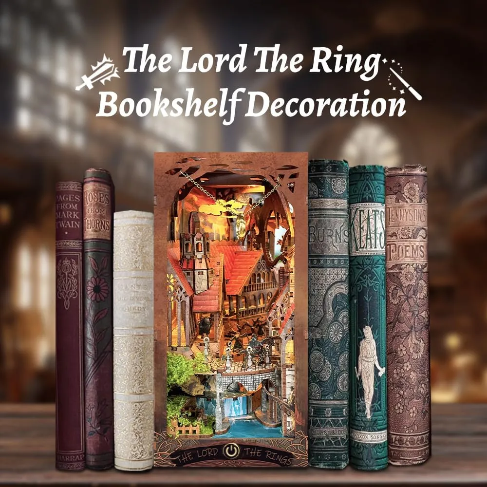Book Nook Kit With LED Light - 3D Wooden Puzzles for Shelf Decor - DIY Dollhouse Kit - Nook Decor With Dust Cover - Magic The Lord The Ring(SQ-05)