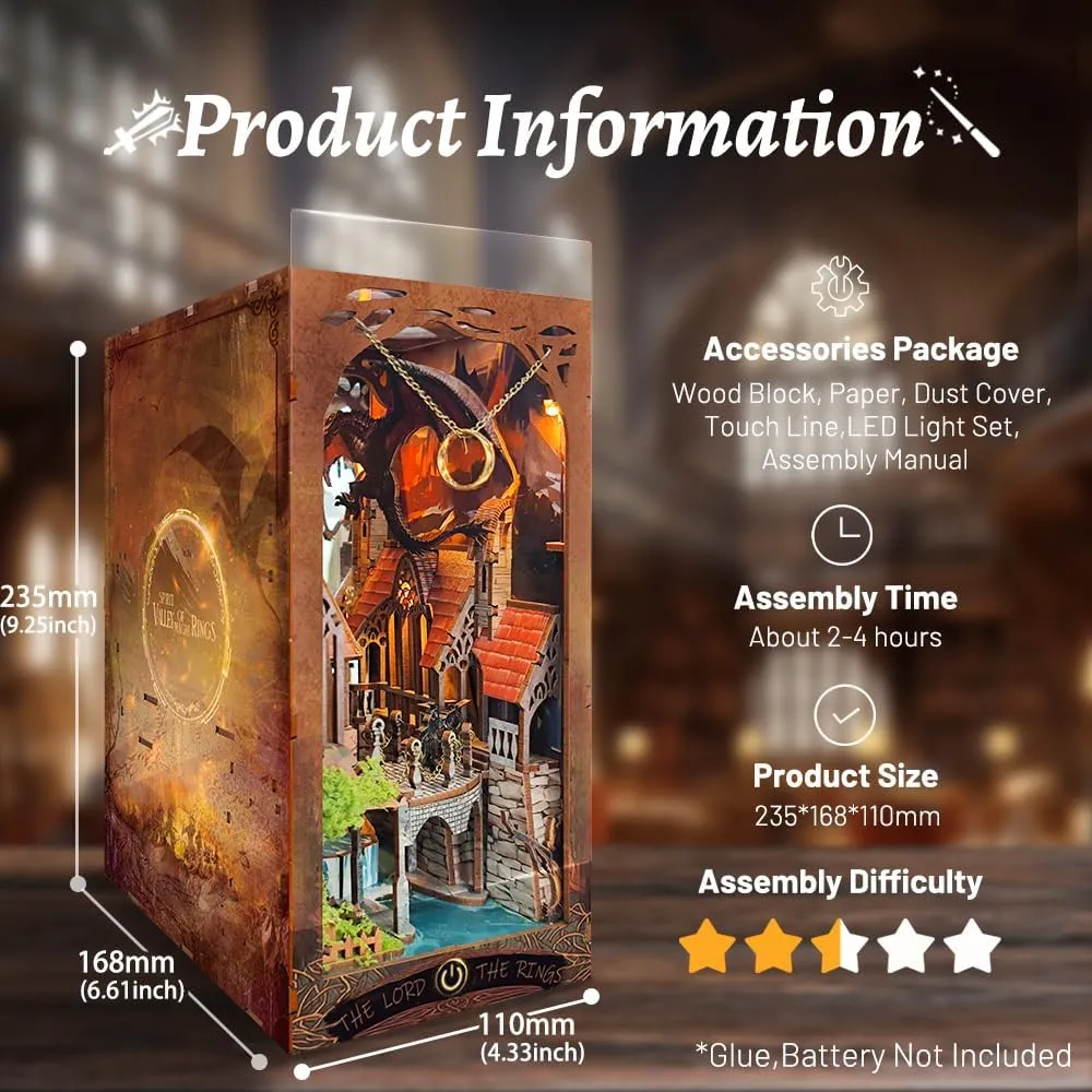 Book Nook Kit With LED Light - 3D Wooden Puzzles for Shelf Decor - DIY Dollhouse Kit - Nook Decor With Dust Cover - Magic The Lord The Ring(SQ-05)