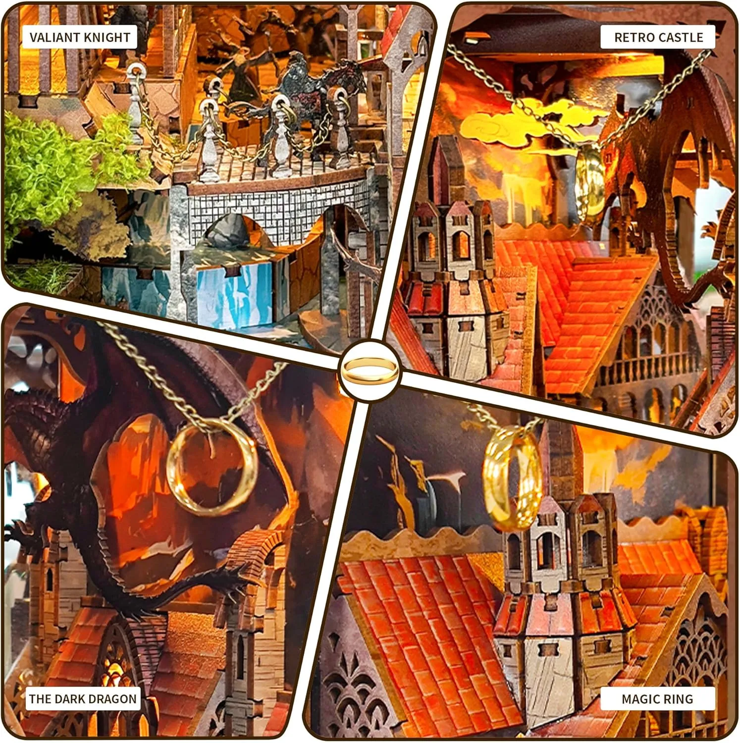 Book Nook Kit With LED Light - 3D Wooden Puzzles for Shelf Decor - DIY Dollhouse Kit - Nook Decor With Dust Cover - Magic The Lord The Ring(SQ-05)
