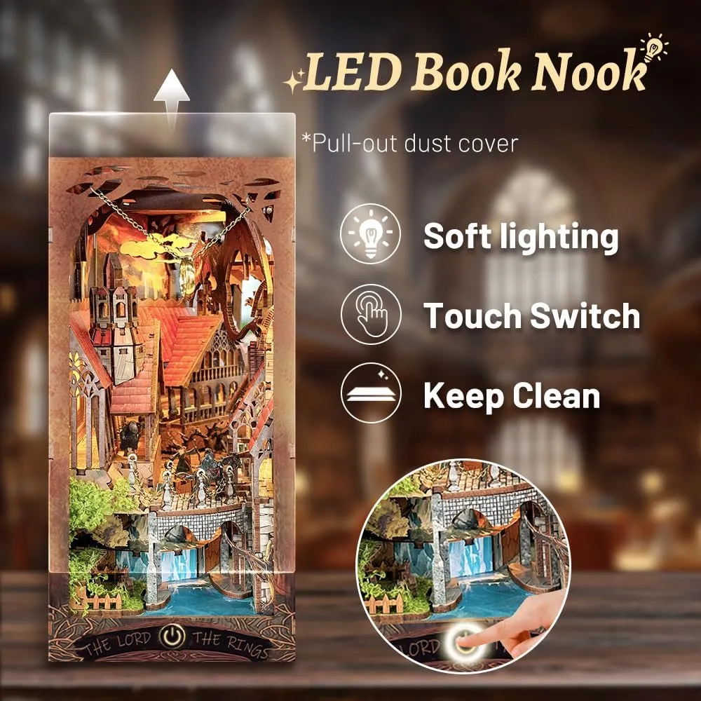 Book Nook Kit With LED Light - 3D Wooden Puzzles for Shelf Decor - DIY Dollhouse Kit - Nook Decor With Dust Cover - Magic The Lord The Ring(SQ-05)