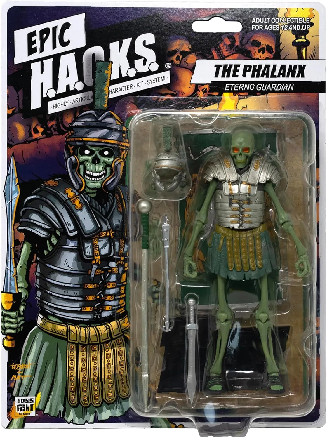 Boss Fight Studio Epic H.A.C.K.S. Eterno Guardian Skeleton Action Figure – Highly Articulated Collectible Figurine with Accessories Including Shield, Spear, Helmet, Armor, Sword, and Stand – 1:12
