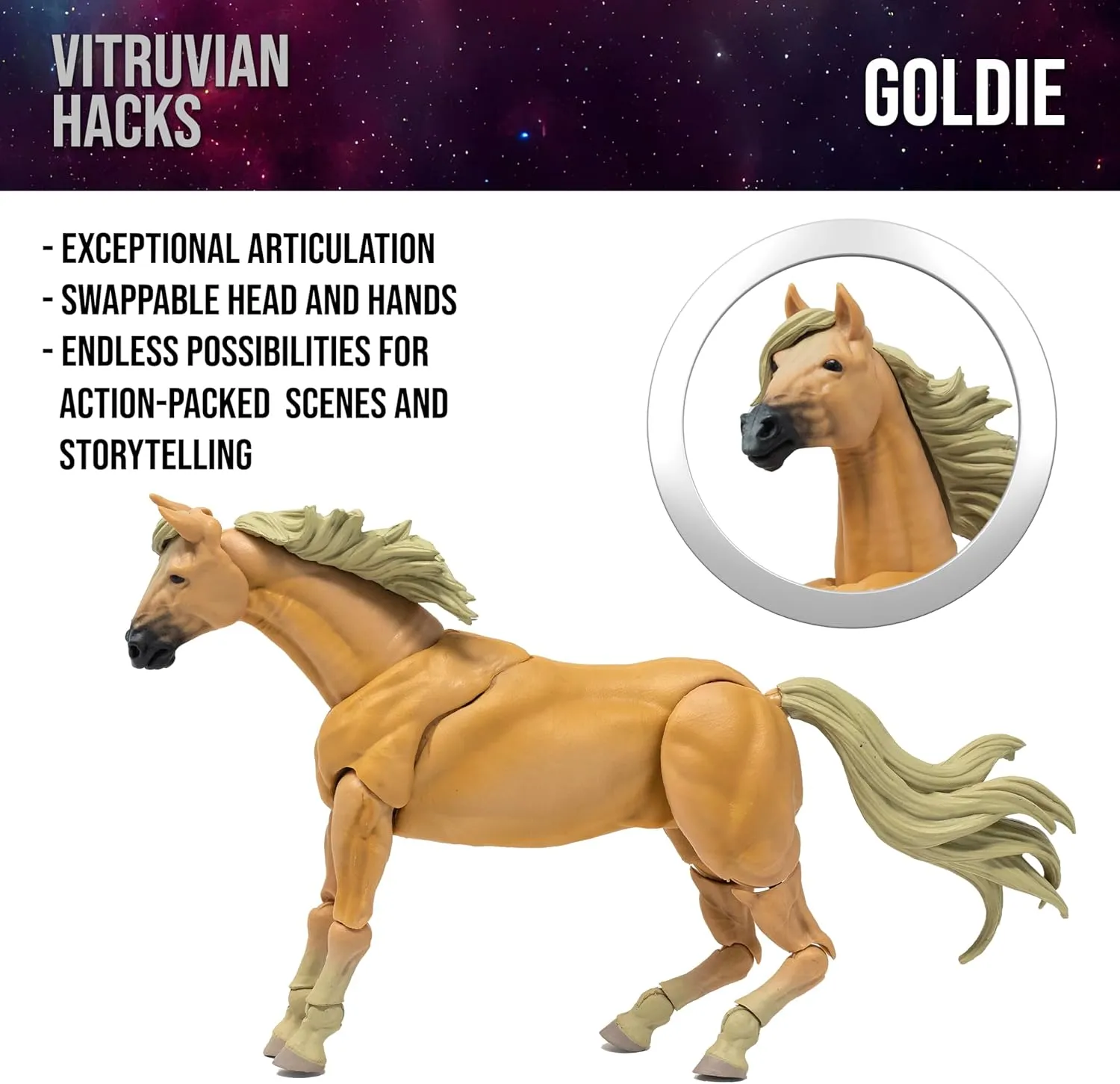 Boss Fight Studio Vitruvian H.A.C.K.S. Mighty Steeds Basic Horse Goldie Action Figure - Highly Articulated, Properly Proportioned, Collectible & Customizable Figurine with Stand - 1:18 Scale