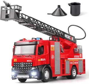 Boy Fire Truck Toy - Metal DieCast Fire Truck Model with Water-Spraying, Simulated Sound and Light, Retractable Rescue Ladder, Ages 4-7