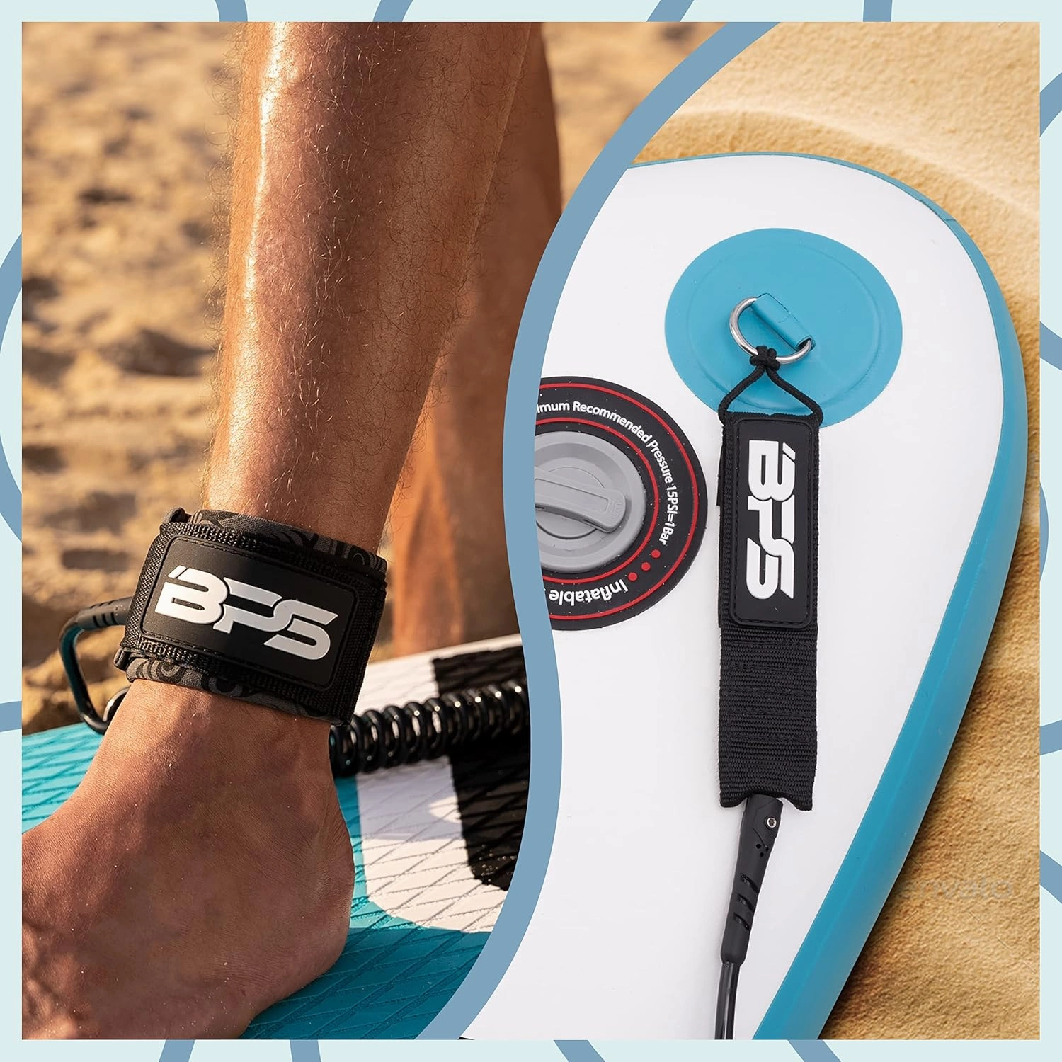 BPS ‘Storm’ Premium 7.2mm Coil SUP Leash Paddleboard Ankle Leash Quick Release Tab, with Waterproof Waist Bag Longboard Surfboard Stand-up Paddleboard Accessories