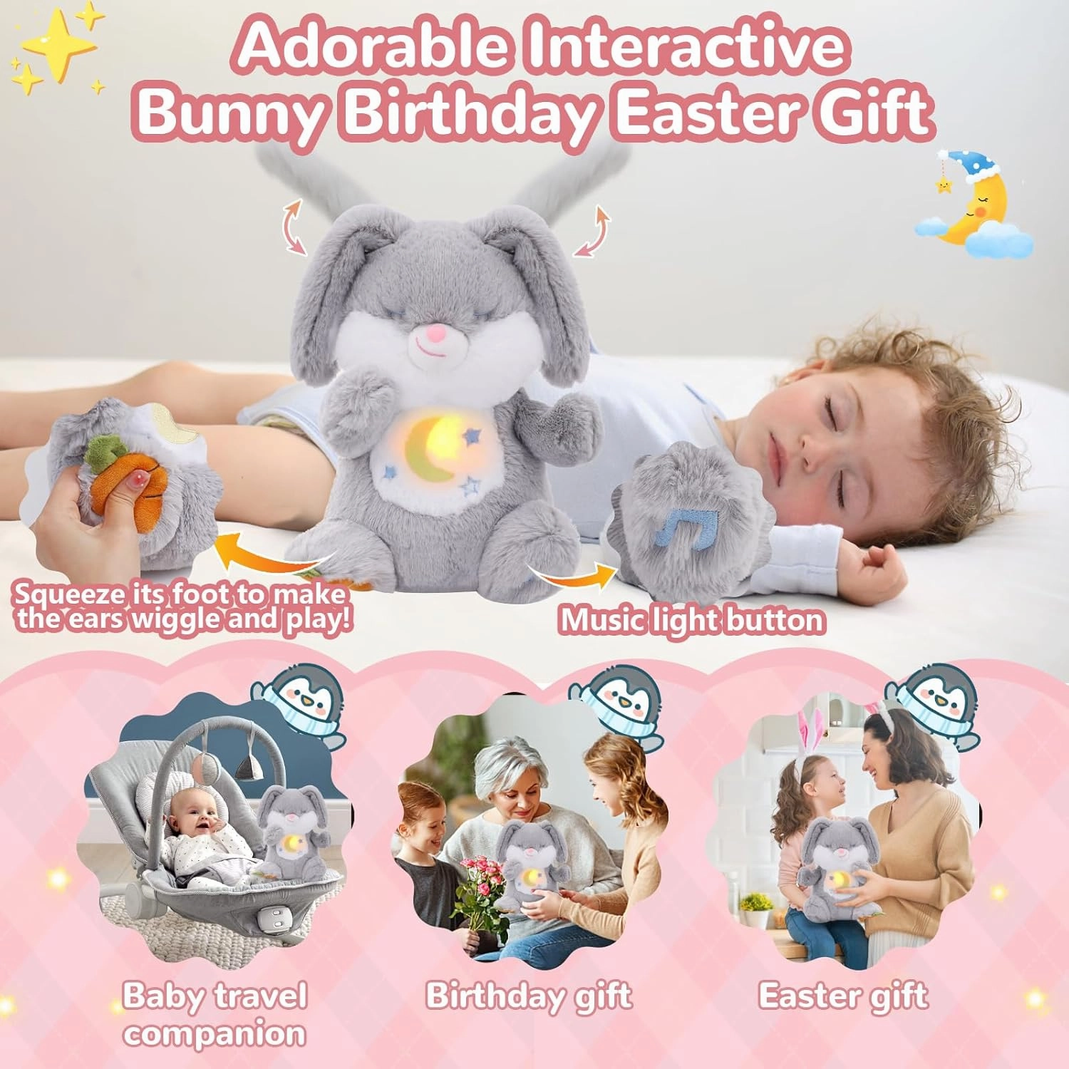 Breathing Stuffed Animal, Soothe Snuggle Bunny Plush, Sleep Buddy Soothing Breathing Stuffed Bunny for Anxiety Adults and Kids, Easter Bunny Gifts with Realistic Breathing and Lights Music