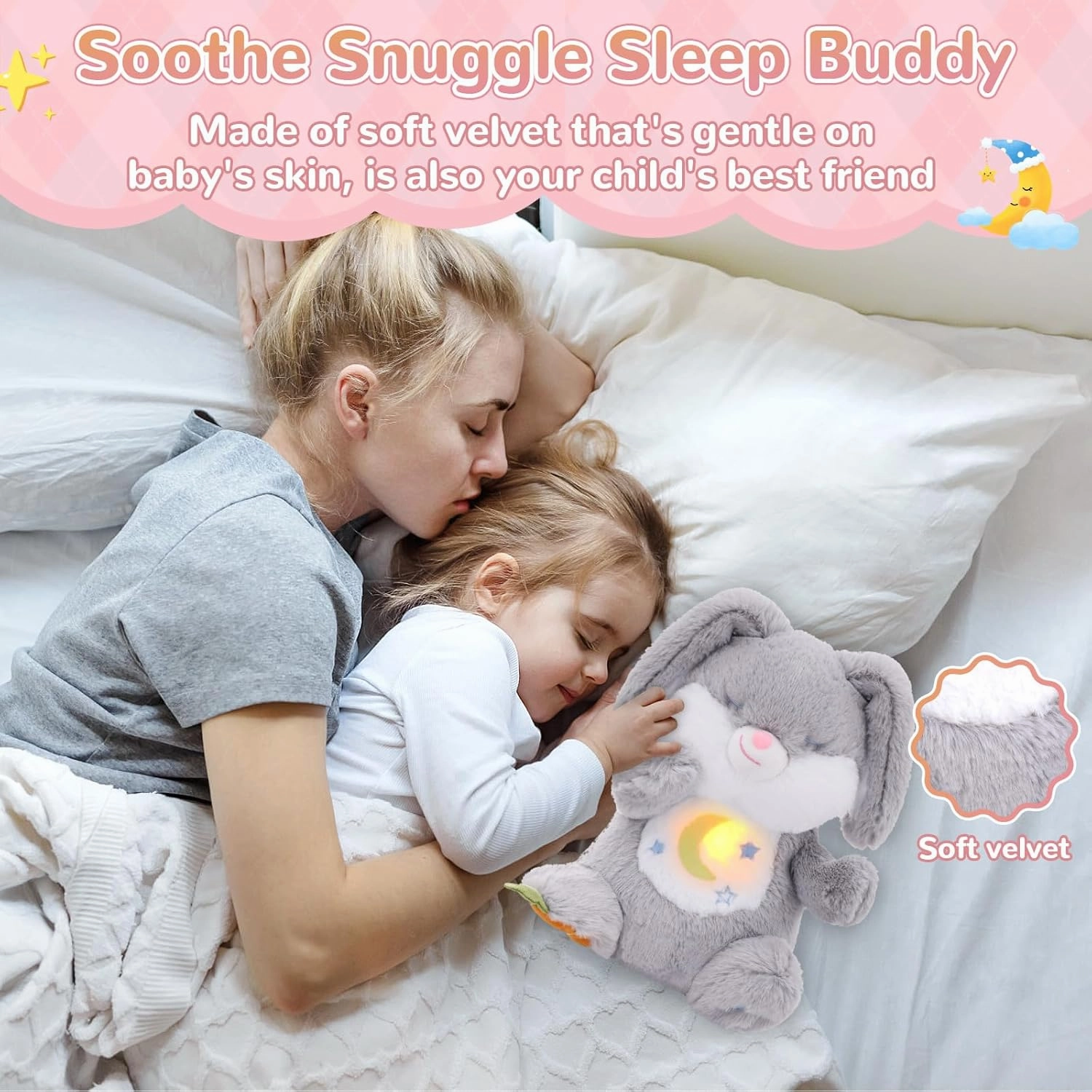 Breathing Stuffed Animal, Soothe Snuggle Bunny Plush, Sleep Buddy Soothing Breathing Stuffed Bunny for Anxiety Adults and Kids, Easter Bunny Gifts with Realistic Breathing and Lights Music