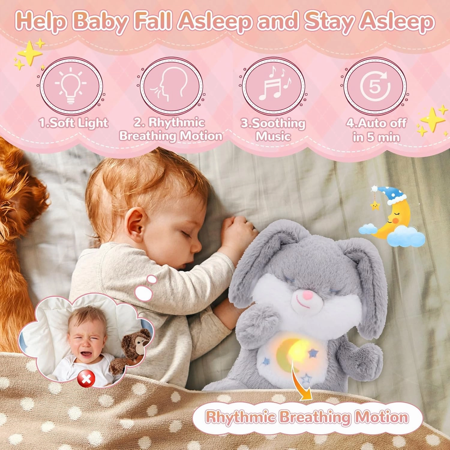 Breathing Stuffed Animal, Soothe Snuggle Bunny Plush, Sleep Buddy Soothing Breathing Stuffed Bunny for Anxiety Adults and Kids, Easter Bunny Gifts with Realistic Breathing and Lights Music
